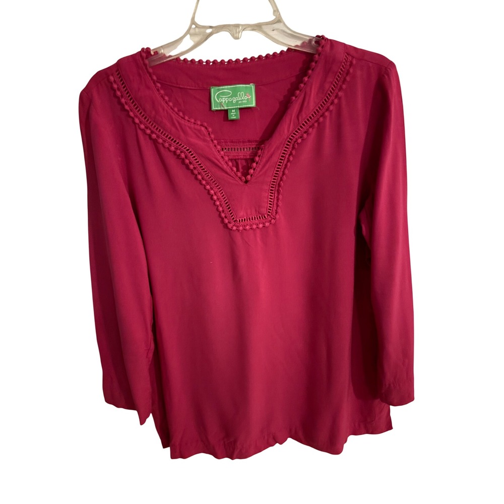 Pappagallo Pink Pom Pom Trim Crochet Split Neck Long Sleeve Blouse Womens Medium